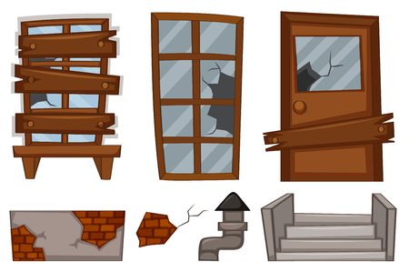 Broken windows and door on white illustrationのイラスト素材
