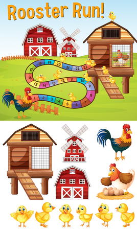 Boardgame template with chickens on farmyard illustrationのイラスト素材