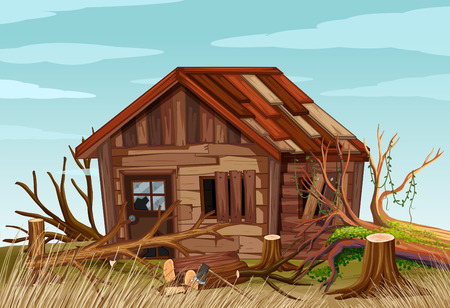 Scene with old wooden house in the field illustrationのイラスト素材