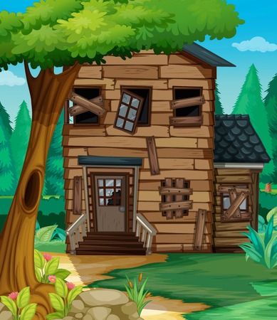 Wooden house with bad condition in jungle illustrationのイラスト素材