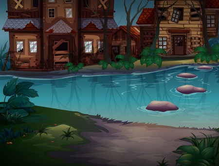 Houses in bad condition along the river illustrationのイラスト素材