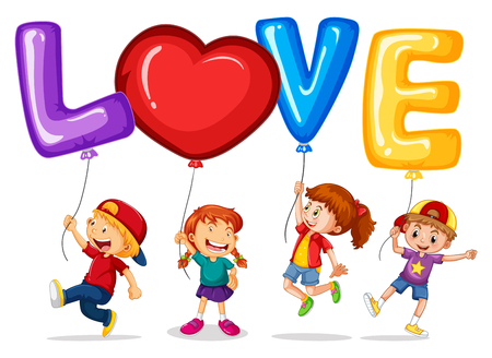 Happy children with balloons for word love illustrationのイラスト素材