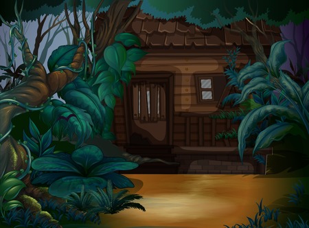 Wooden house in the deep forest illustrationのイラスト素材