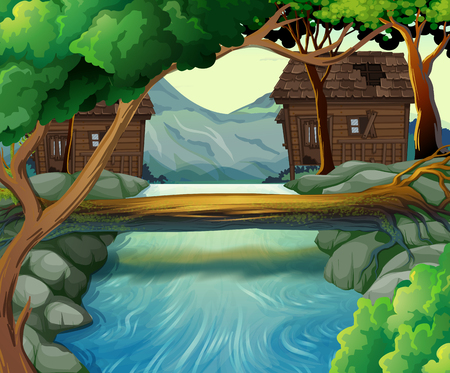 Old huts by the river illustrationのイラスト素材
