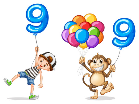 Boy and monkey with balloons for nine illustrationのイラスト素材