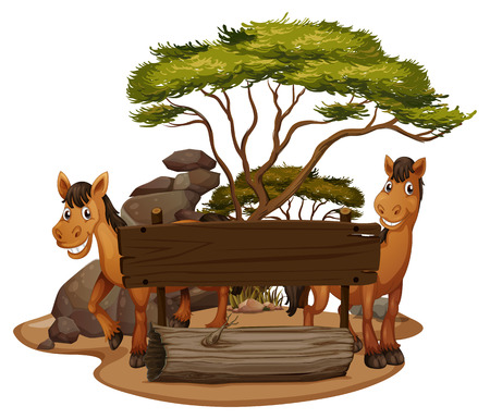 Two horses by the wooden sign illustrationのイラスト素材