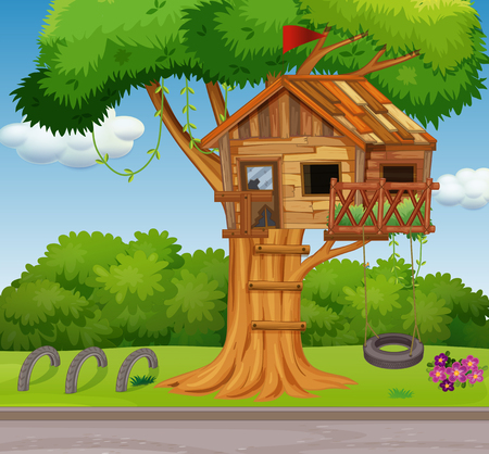 Old treehouse and swing in park illustrationのイラスト素材