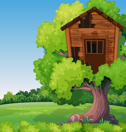 Old treehouse on the tree in park illustrationのイラスト素材