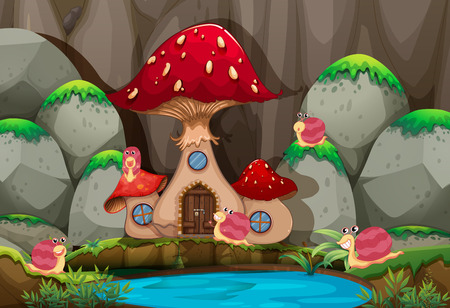 Forest scene with mushroom house by the pond illustrationのイラスト素材