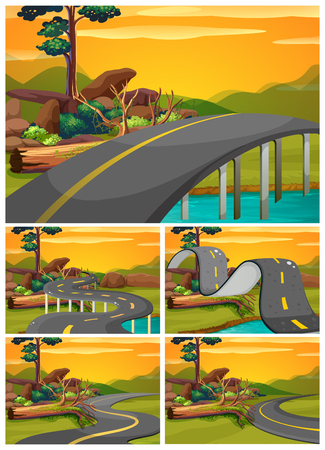 Five scenes of road at sunset illustrationのイラスト素材