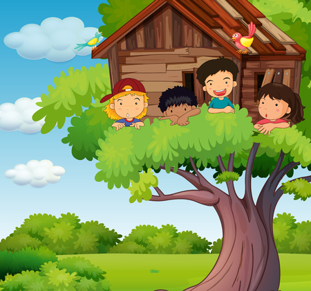 Kids playing at treehouse in park illustrationのイラスト素材