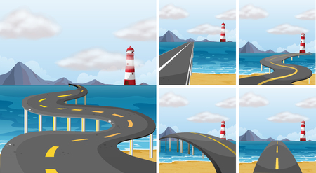 Five scenes of road across the ocean illustrationのイラスト素材