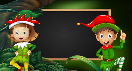 Boy and girl in elf costume by blackboard illustrationのイラスト素材