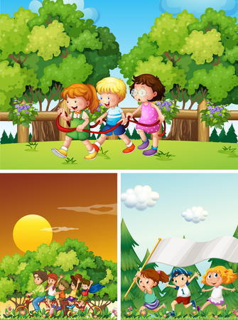 Happy people playing in the park illustrationのイラスト素材