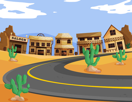 Scene with western town along the road illustrationのイラスト素材