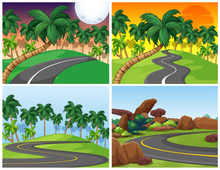 Four background setting with empty roads illustrationのイラスト素材