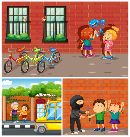 Kids commiting crimes in neighborhood illustrationのイラスト素材