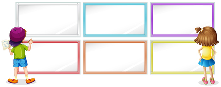 Frame template with girl and boy writing illustrationのイラスト素材