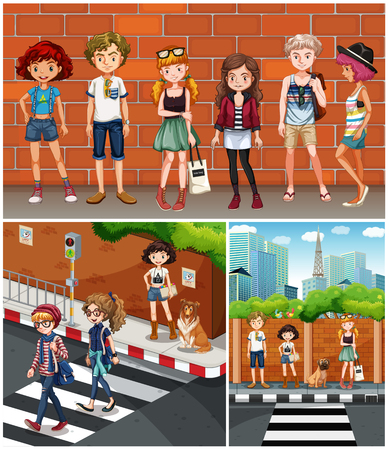 Neighborhood scenes with teenagers illustrationのイラスト素材