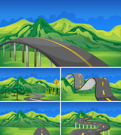 Five scene of empty roads to the mountains illustrationのイラスト素材