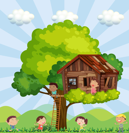 Many children playing in the treehouse illustrationのイラスト素材