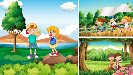 Three scenes with children in countryside illustrationのイラスト素材