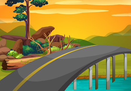 Scene with bridge across the river at sunset illustrationのイラスト素材