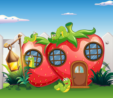 Strawberry house with caterpillars in garden illustrationのイラスト素材