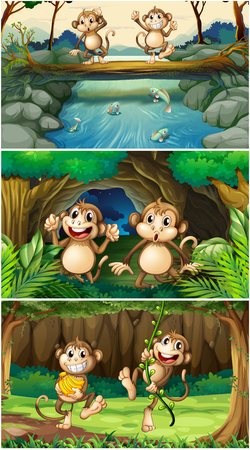 Three scenes with monkeys in forest illustrationのイラスト素材