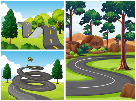 Three scenes with roads in the park illustrationのイラスト素材