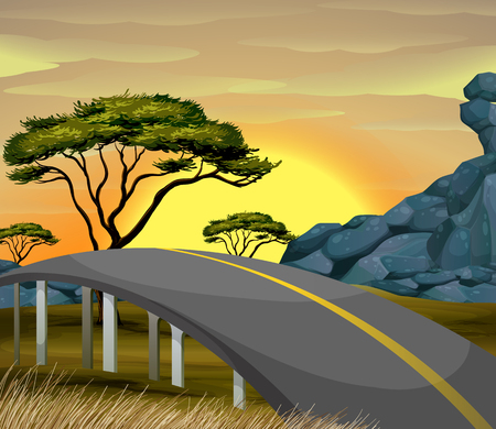 Bridge across the savanna field illustrationのイラスト素材