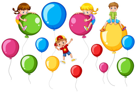 Happy children and colorful balloons illustrationのイラスト素材