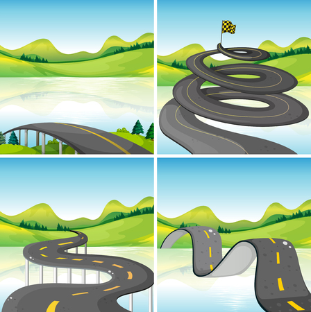 Four scenes of roads in the field illustrationのイラスト素材