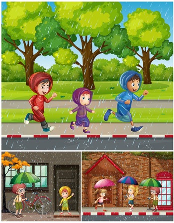 Scenes with people in the rain illustrationのイラスト素材