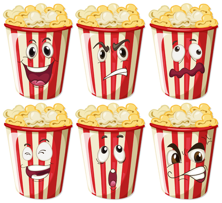 Different facial expressions on popcorn cups illustrationのイラスト素材