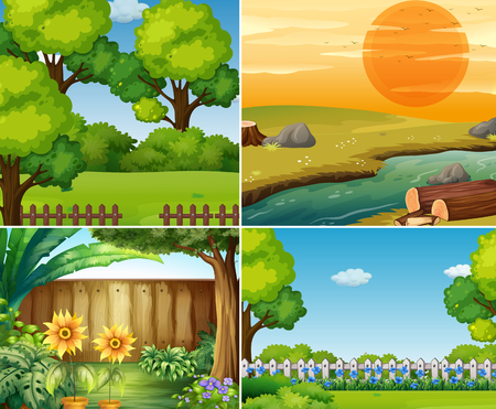 Four garden scenes with trees  illustrationのイラスト素材