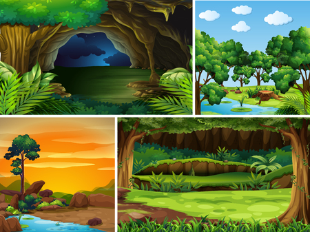 Four forest scenes at different time of day illustrationのイラスト素材