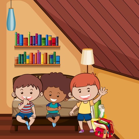 Three happy kids in bedroom illustrationのイラスト素材
