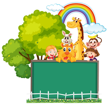 Board template with wild animals and girl illustration.のイラスト素材
