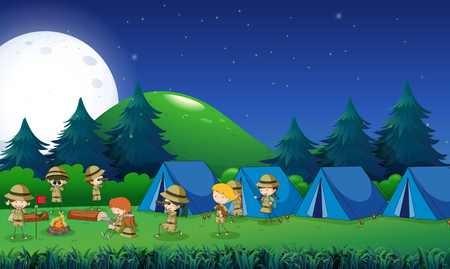 Kids camping out in the forest illustration.のイラスト素材