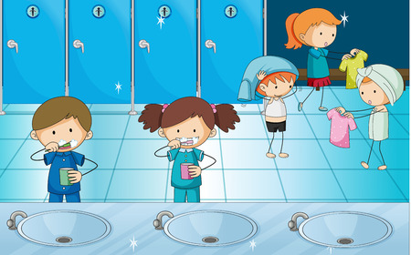 Kids brushing teeth and getting dress in locker room illustration.のイラスト素材
