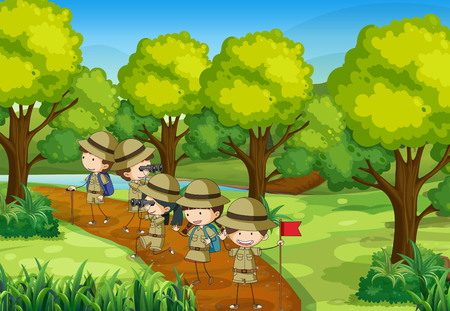 Scene with kids scouting the forest illustration.のイラスト素材