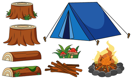 Blue tent and campfire on white background illustration.のイラスト素材