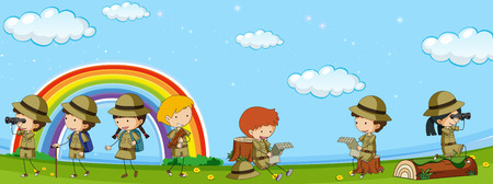 Many kids in scout uniform having fun in park illustration.のイラスト素材