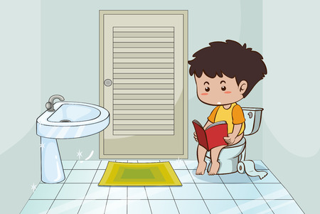 Boy reading book in the toilet illustration.のイラスト素材