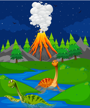 Scene with two dinosaurs in river illustrationのイラスト素材