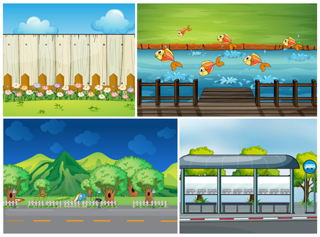 Four scenes with road and river illustrationのイラスト素材