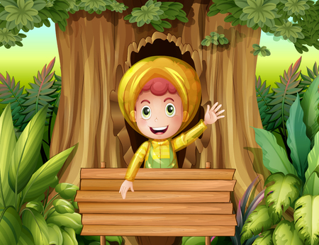 Boy with raincoat in the woods illustrationのイラスト素材