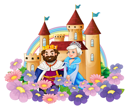 King and queen in flower garden at palace illustrationのイラスト素材