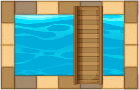 Swimming pool with wooden bridge illustrationのイラスト素材